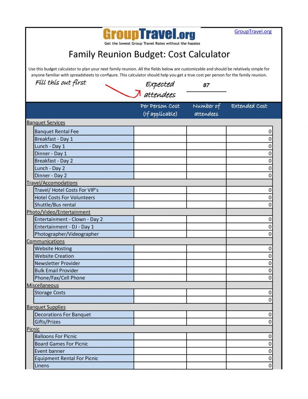 sample family reunion budget template sample family reunion budget template