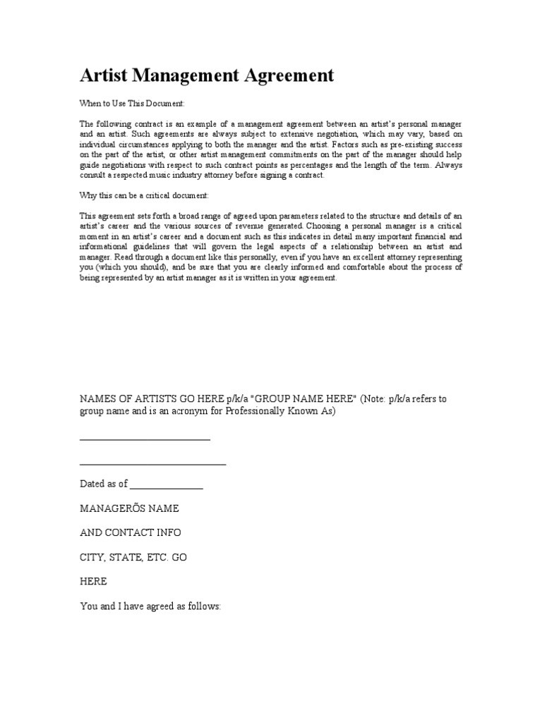 sample Talent Management Agreement Template sample Talent Management Agreement Template