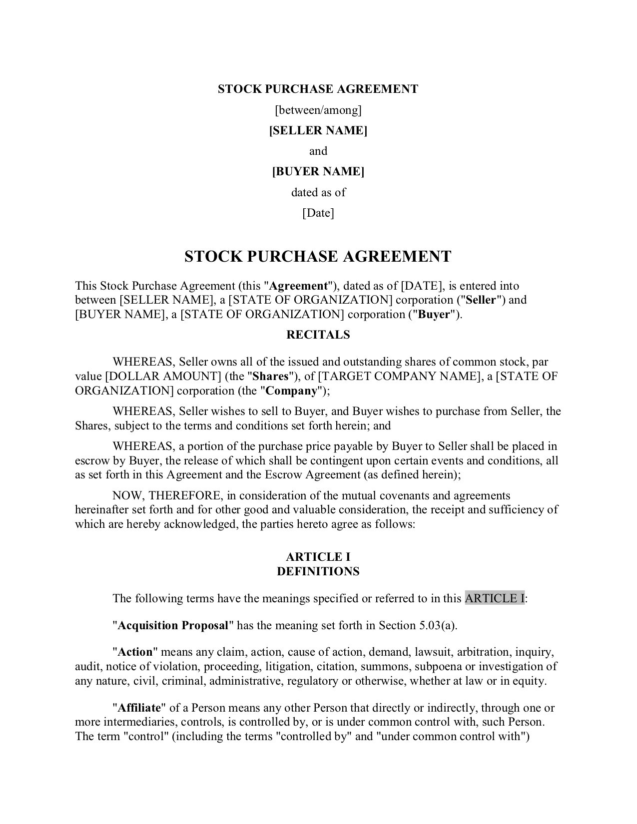 sample Stock Purchase Agreement Template sample Stock Purchase Agreement Template