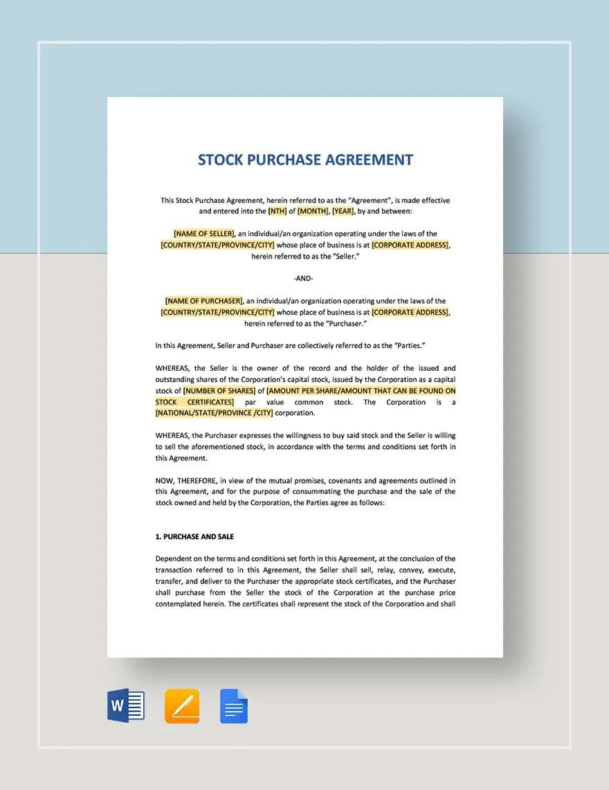 sample Stock Purchase Agreement Template sample Stock Purchase Agreement Template
