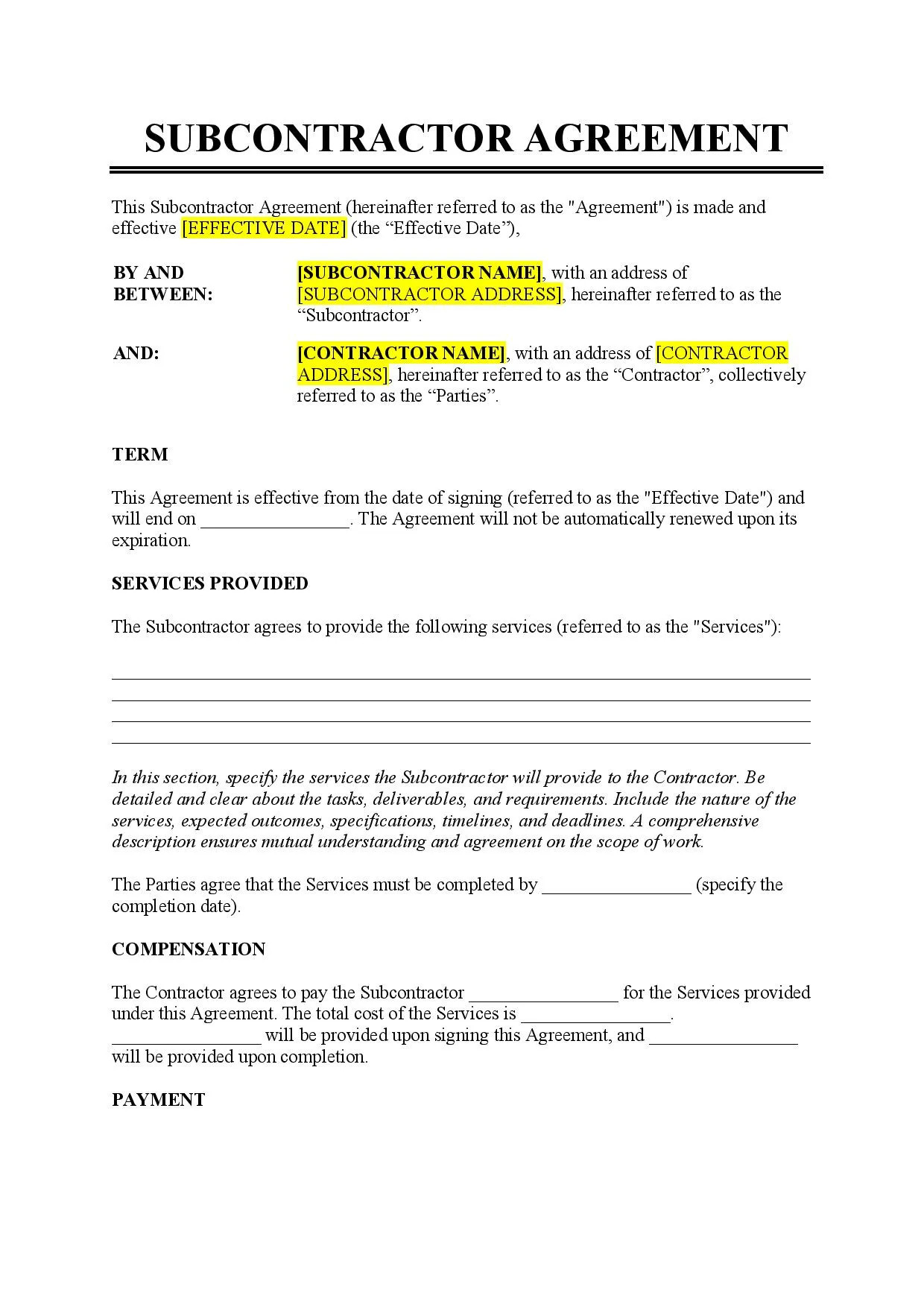 sample Sub Contractor Agreement Template sample Sub Contractor Agreement Template