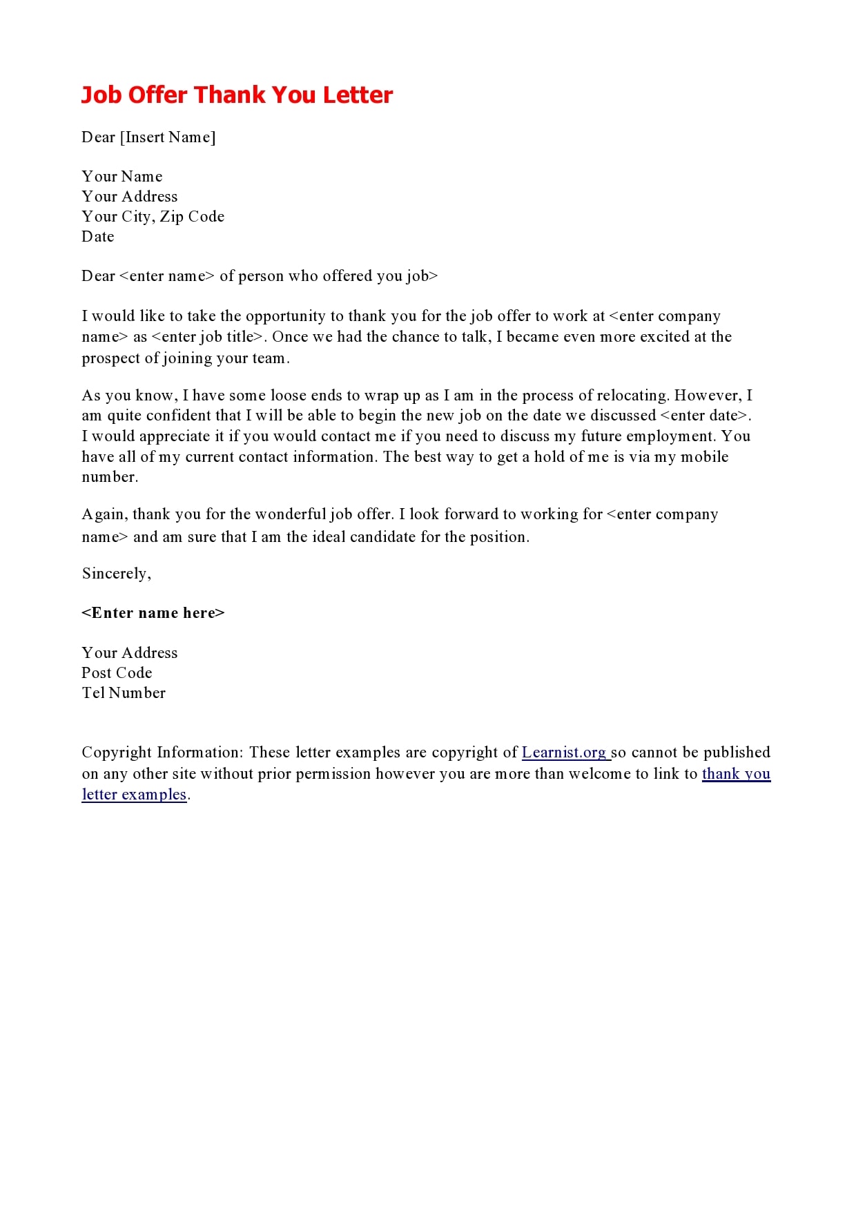 thank you letter for job offer thank you letter for job offer