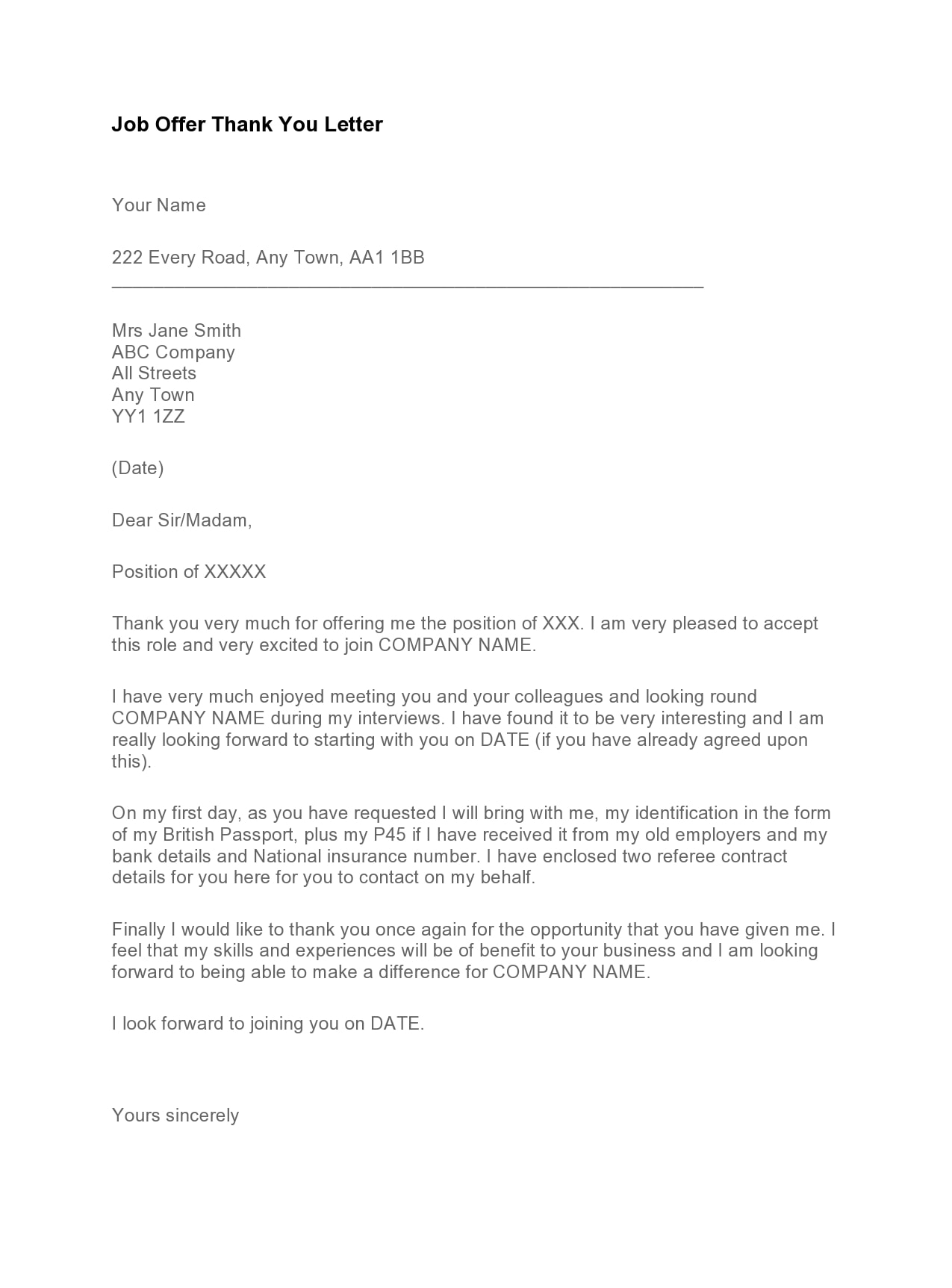 thank you letter for job offer thank you letter for job offer