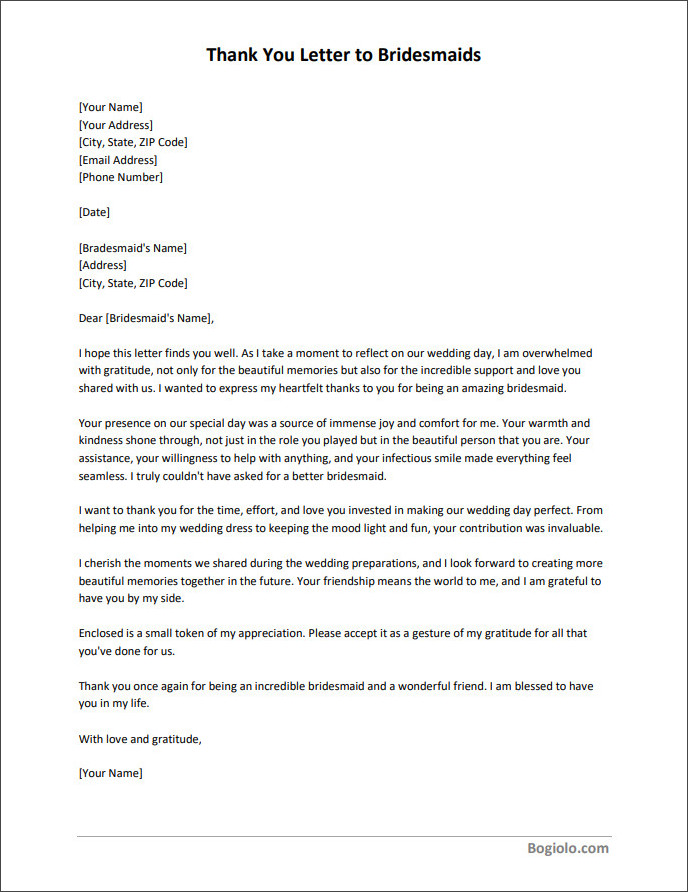 Individuals completing a blank thank you letter to bridesmaids template