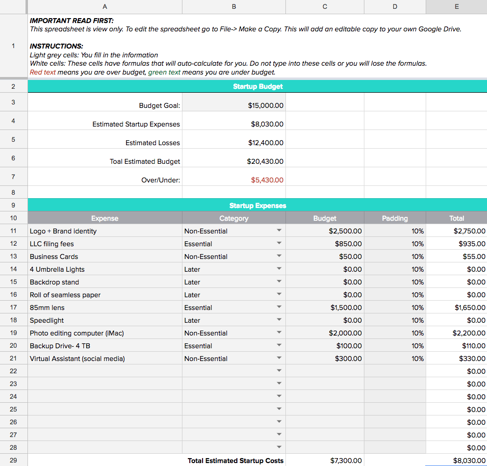 sample start-up budget template sample start-up budget template