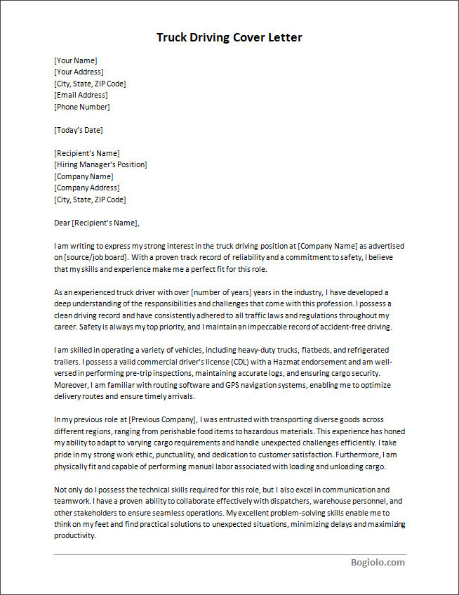 truck driving cover letter template Free editable truck driving cover letter template with customizable sections