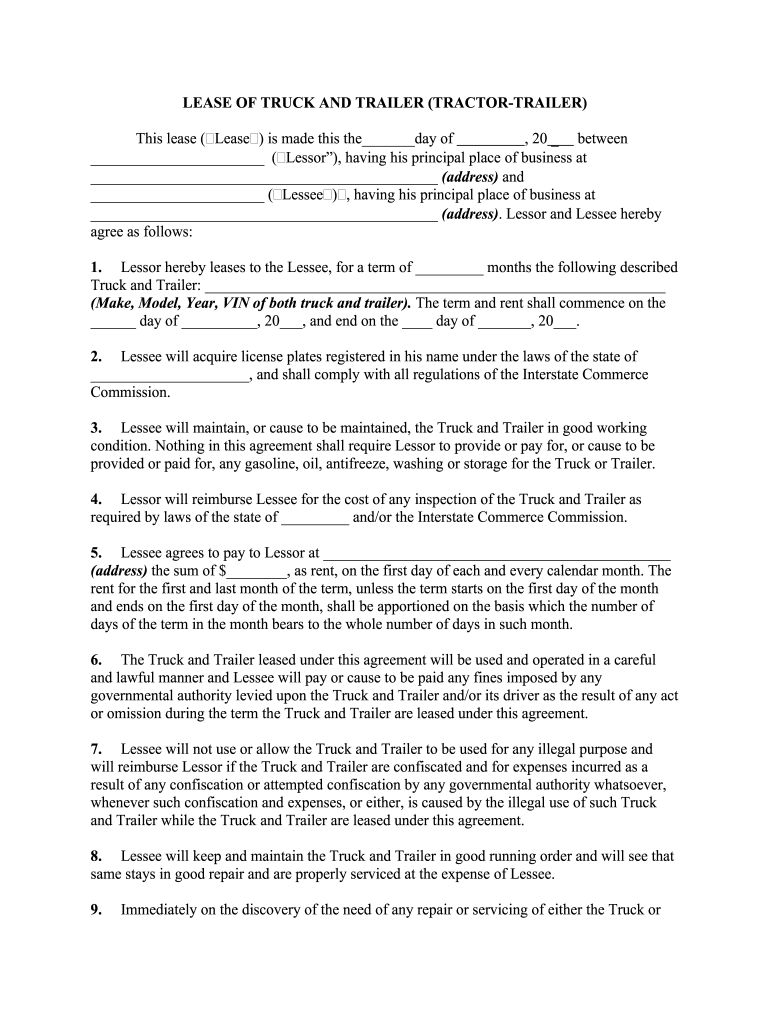 sample truck lease agreement template sample truck lease agreement template
