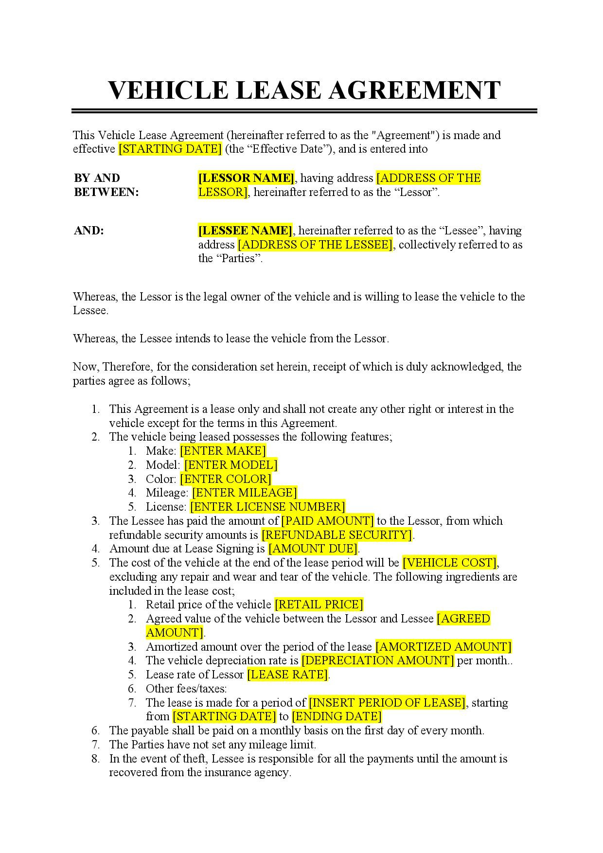 sample car lease agreement template sample car lease agreement template