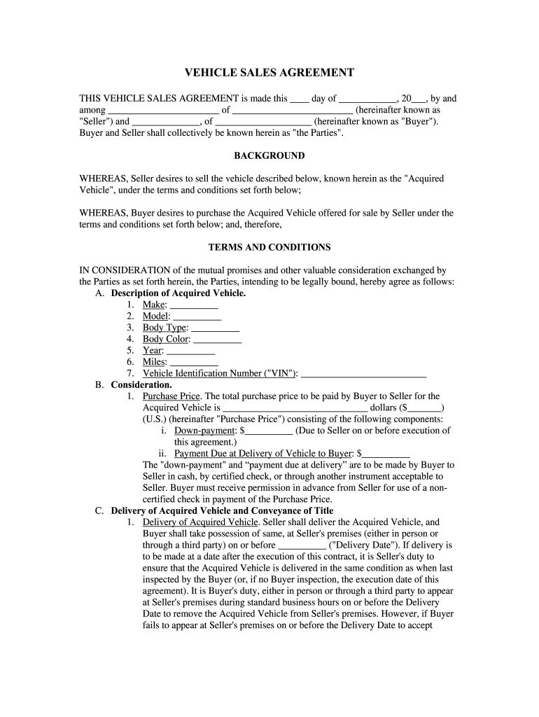 sample Vehicle Sales Agreement Template sample Vehicle Sales Agreement Template