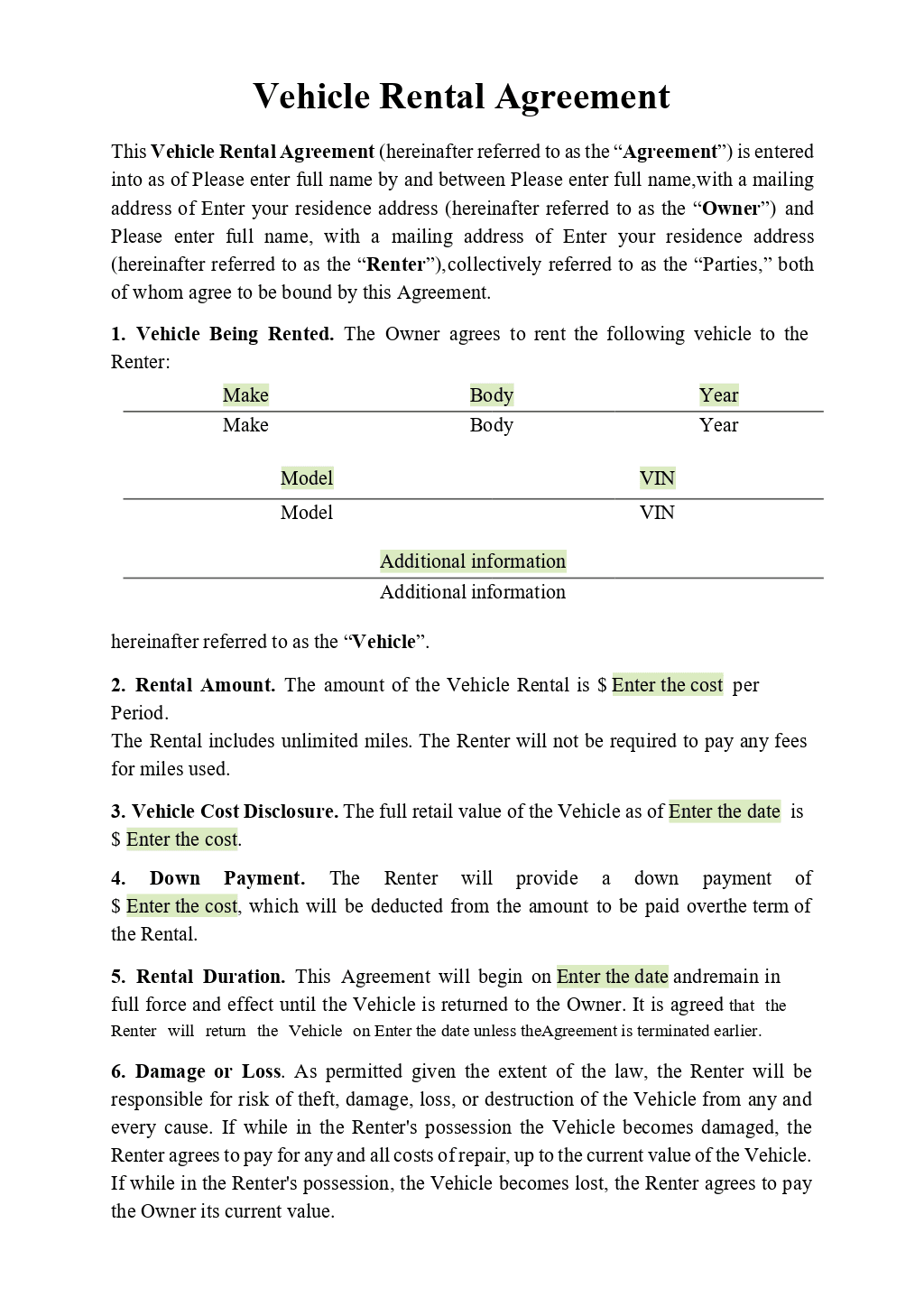 sample car rent agreement template sample car rent agreement template