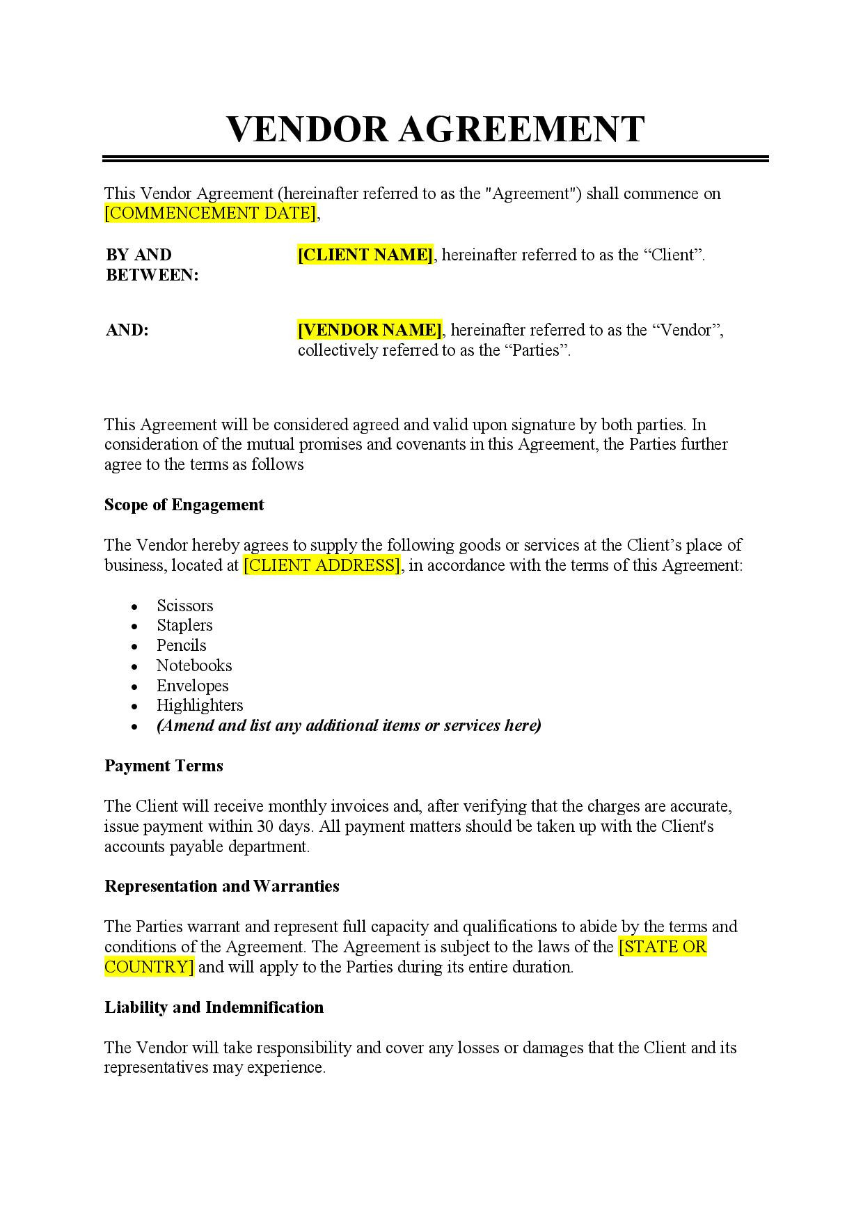 sample Vendor Agreement Template sample Vendor Agreement Template