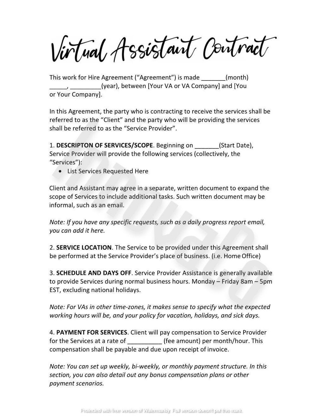 sample Virtual Assistant Agreement Template sample Virtual Assistant Agreement Template
