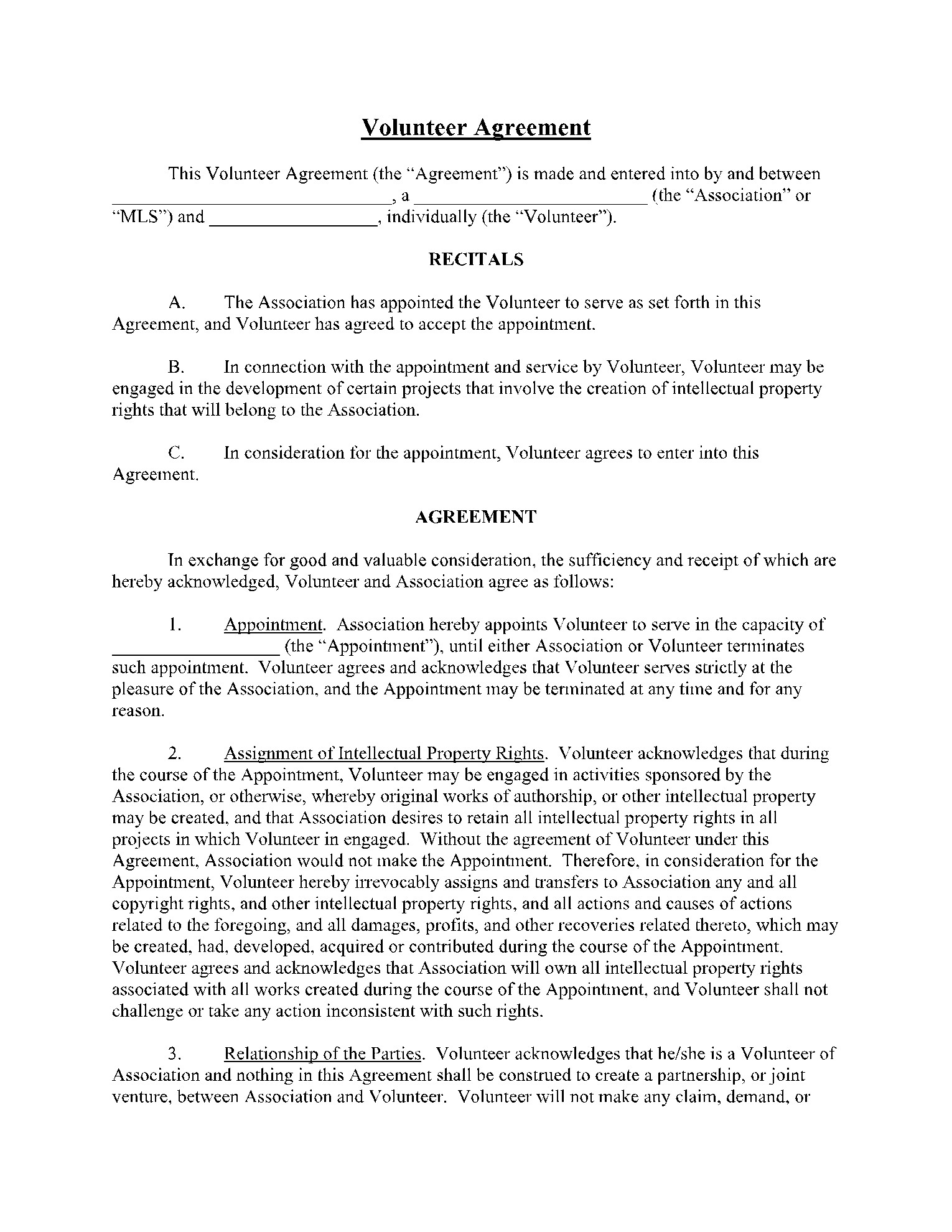 sample Volunteer Agreement Template sample Volunteer Agreement Template
