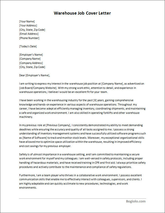 warehouse job cover letter template Downloadable warehouse job cover letter template available in Word for easy editing