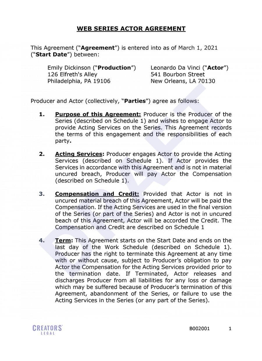 sample actor agreement template sample actor agreement template