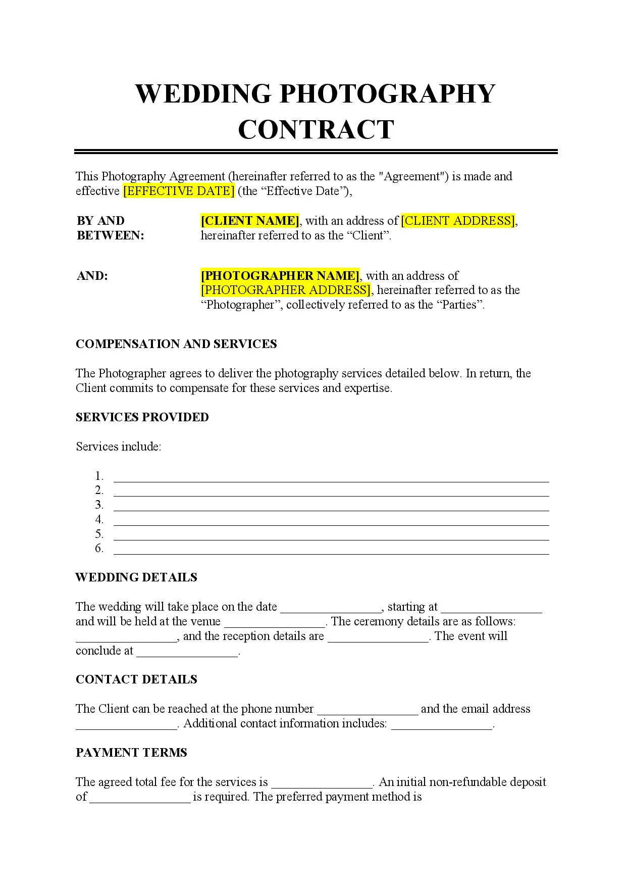 sample Wedding Photography Agreement Template sample Wedding Photography Agreement Template