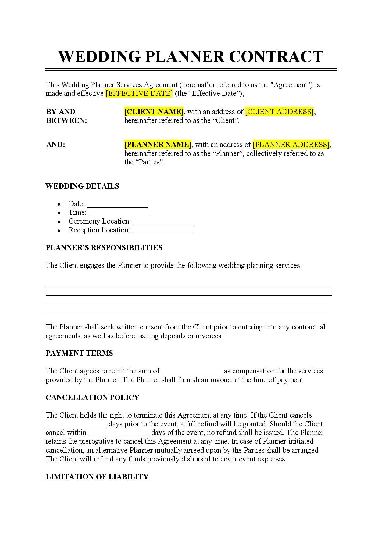 sample Wedding Agreement Template sample Wedding Agreement Template