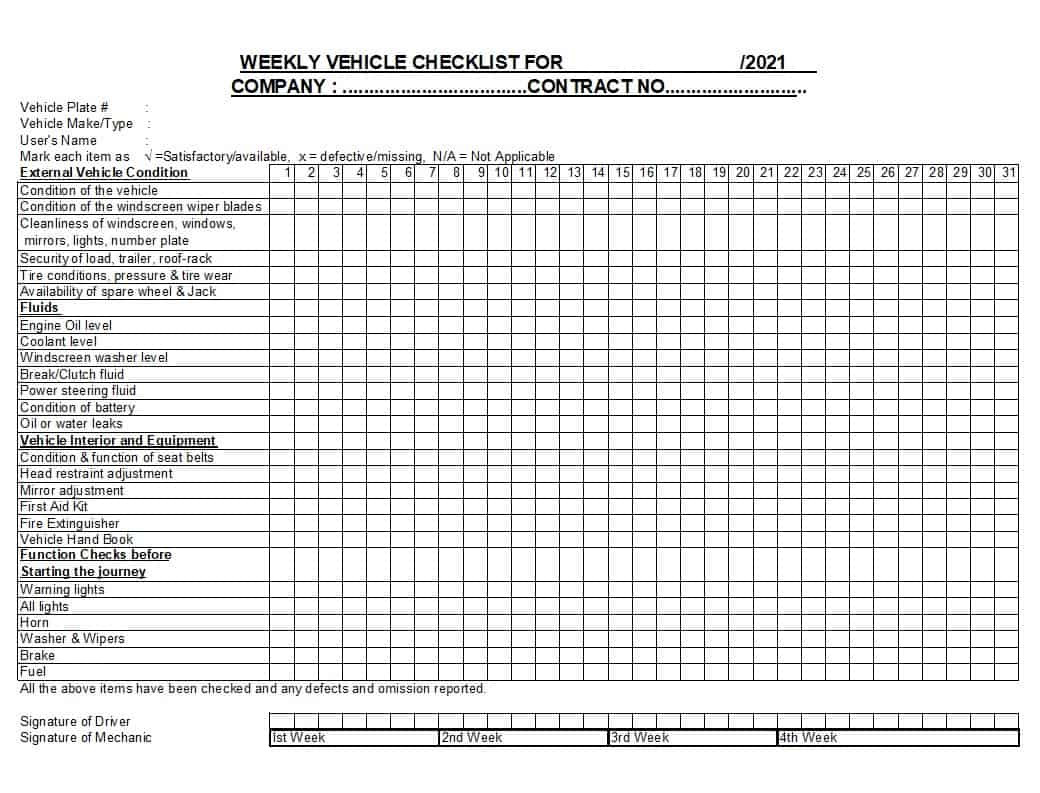 sample fleet vehicle checklist template sample fleet vehicle checklist template